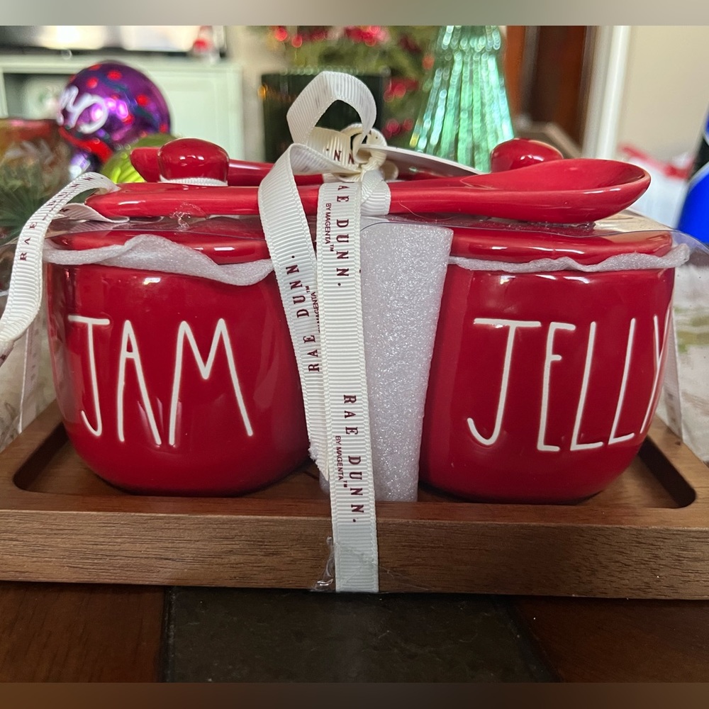 Rae Dunn Red JAM & JELLY Set with Lids Spoons Ceramic Wooden Tray NWT